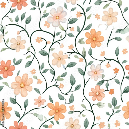 Spring floral pattern in soft pastel hues with delicate blossoms and swirling vines, Spring floral pastel seamless, soft pastel spring bloom, delicate pastel seasonal floral pattern.