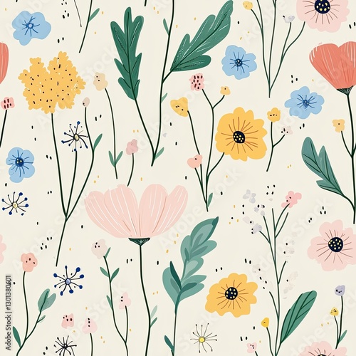 Summer meadow flowers in pastel colors with scattered wildflowers and soft leaves, Summer pastel floral seamless, wildflower meadow pastel bloom, soft pastel seasonal flowers.