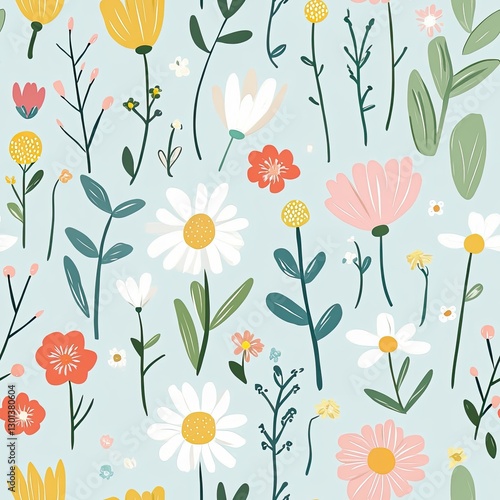 Summer meadow flowers in pastel colors with scattered wildflowers and soft leaves, Summer pastel floral seamless, wildflower meadow pastel bloom, soft pastel seasonal flowers.