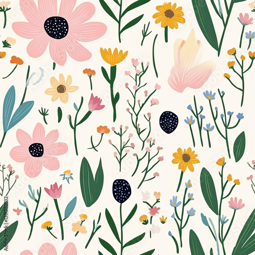 Summer meadow flowers in pastel colors with scattered wildflowers and soft leaves, Summer pastel floral seamless, wildflower meadow pastel bloom, soft pastel seasonal flowers.