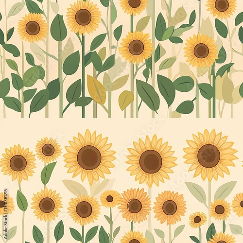 Sunflower field in muted pastels with warm golden petals and soft backgrounds, Sunflower pastel seamless, warm pastel sunflower bloom, golden petal pastel pattern.