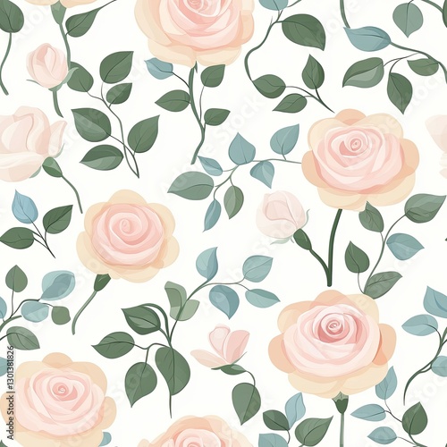 Wild roses in soft pastel shades with gentle petals and elegant swirling stems, Wild rose pastel seamless, elegant pastel rose bloom, soft petal pastel floral pattern.