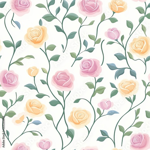 Wild roses in soft pastel shades with gentle petals and elegant swirling stems, Wild rose pastel seamless, elegant pastel rose bloom, soft petal pastel floral pattern.