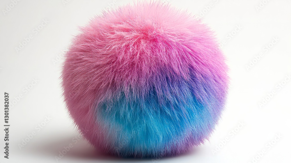 Multicolored faux fur ball blending shades of pink, purple, and blue on a plain white background Multicolored faux fur ball blending shades of pink, purple, and blue on a plain white background