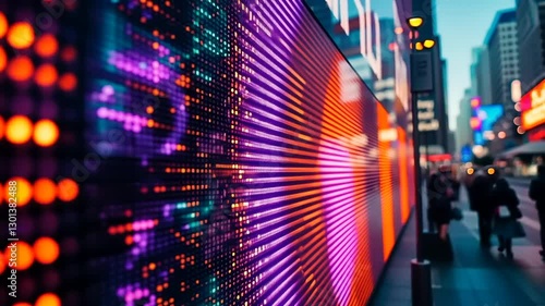 Vibrant LED Display Illuminates City Street with Passersby and Urban Background at Dusk