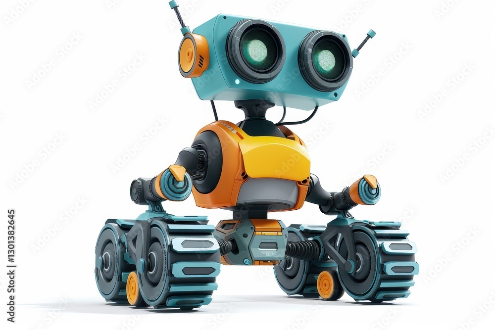 Cartoon robot with wheels in a bright studio fun illustration playful design