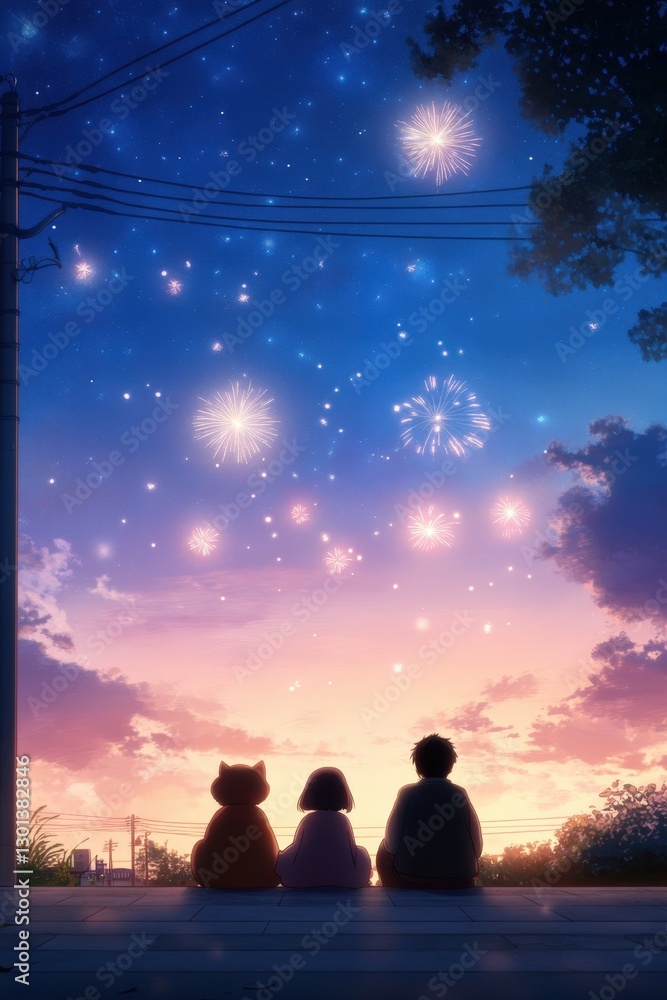 A serene evening scene captures three figures, one resembling a cat, enjoying a colorful fireworks display against a sunset backdrop, Ideal for themes of friendship, nostalgia, or celebration, A serene evening scene captures three figures, one resembling a cat, enjoying a colorful fireworks display against a sunset backdrop, Ideal for themes of friendship, nostalgia, or celebration,