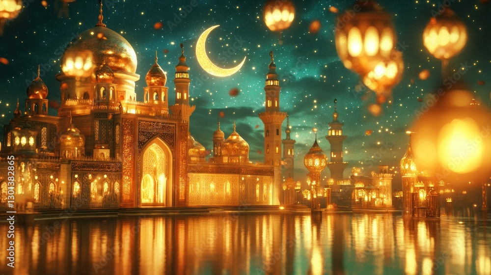 Obraz premium Beautiful Golden Mosque Illuminated by Moon and Floating Lanterns at Night