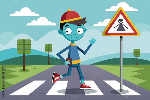 A cheerful boy waves while crossing a pedestrian area in a vibrant cartoon landscape filled with trees, Pedestrian crossing Customizable Cartoon Illustration