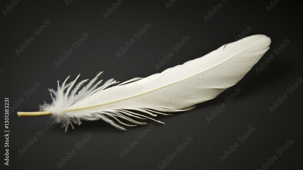 A white feather is laying on a black surface A white feather is laying on a black surface