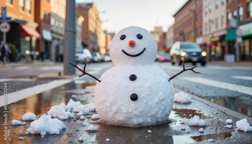 Fototapeta premium Melting snowman standing in urban street, winter nostalgia