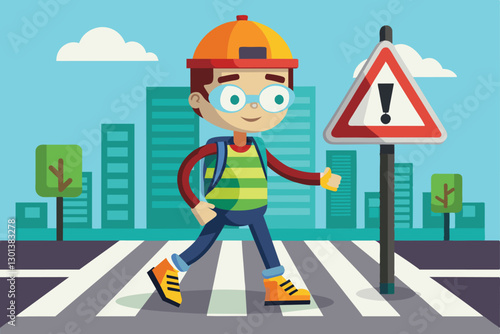 A cheerful child in a cap and colorful outfit crosses a pedestrian area surrounded by buildings, Pedestrian crossing Customizable Cartoon Illustration
