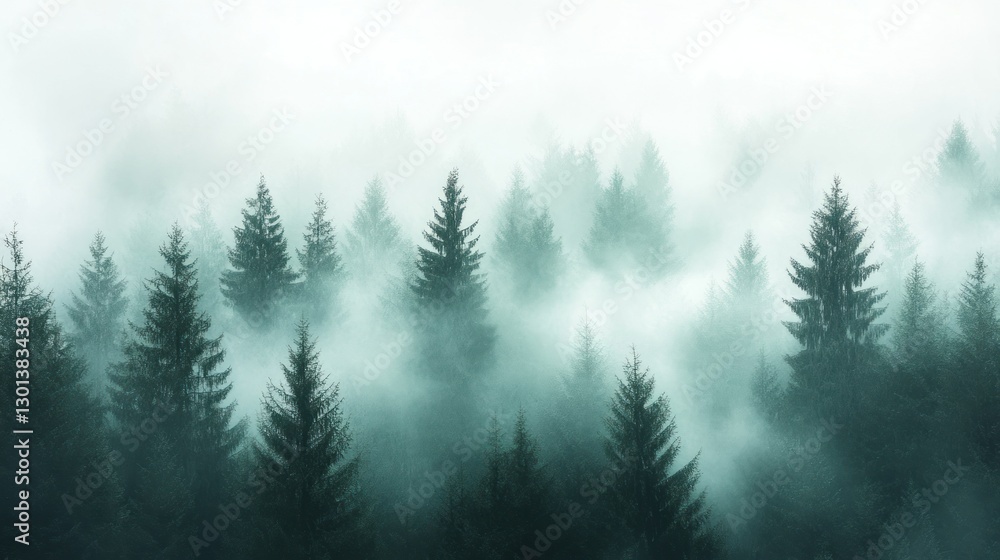 Misty Forest Of Green Pine Trees In Dense White Fog Misty Forest Of Green Pine Trees In Dense White Fog