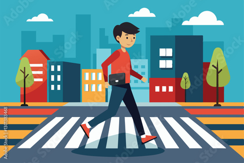 A young man crosses a pedestrian area, surrounded by vibrant buildings and trees under a clear sky, Pedestrian crossing Customizable Flat Illustration