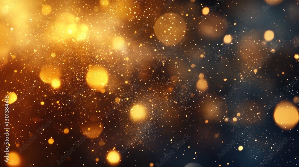 Fototapeta premium Golden particles and shimmering bokeh float on a dark background