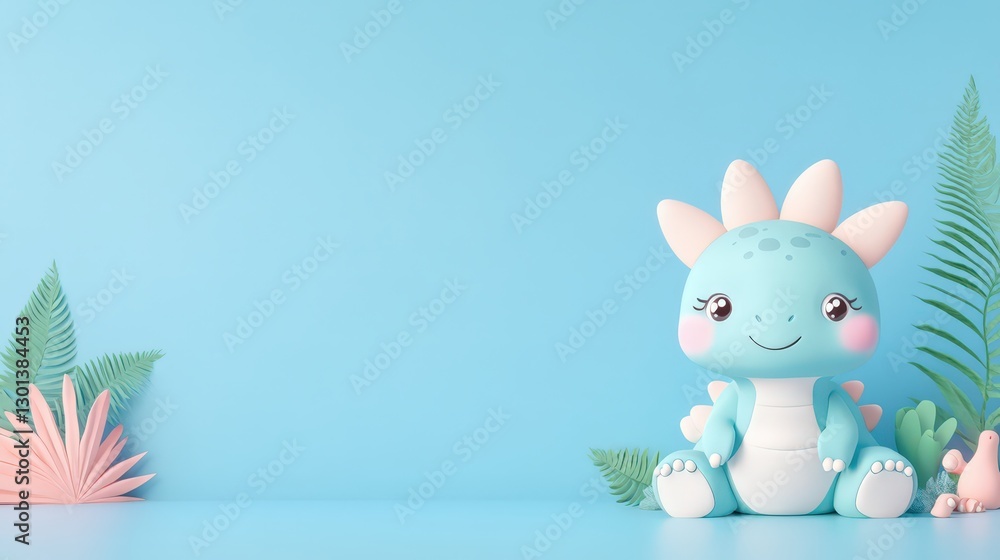 Fototapeta premium Blue dinosaur doll and green plants