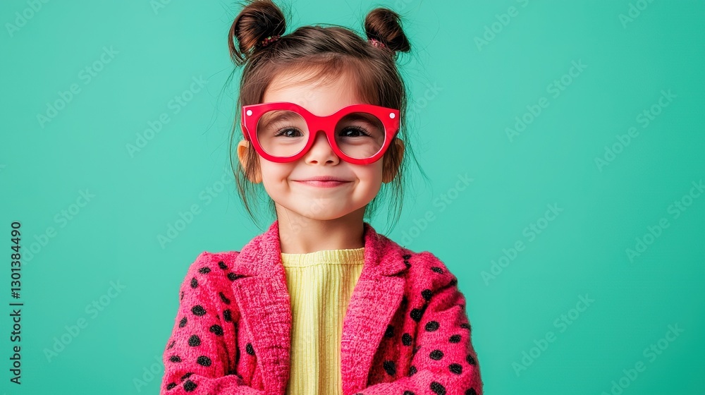 Playful child in red glasses studio setting portrait bright colors close-up capturing joyful moments Playful child in red glasses studio setting portrait bright colors close-up capturing joyful moments