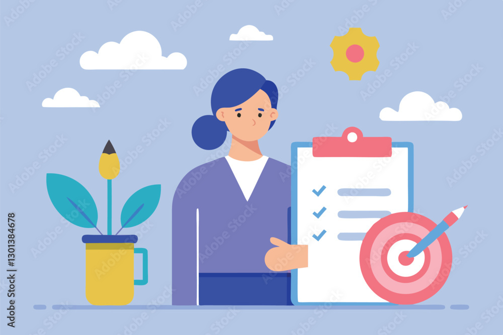 Cartoon illustration, businesswoman with blue hair, clipboard with checklist, target with arrow, potted plant, sun and clouds, flat design, pastel colors, goal setting, productivity concept, vector Cartoon illustration, businesswoman with blue hair, clipboard with checklist, target with arrow, potted plant, sun and clouds, flat design, pastel colors, goal setting, productivity concept, vector