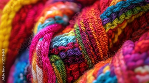 Close up view showing colorful yarn textile strands intertwined together