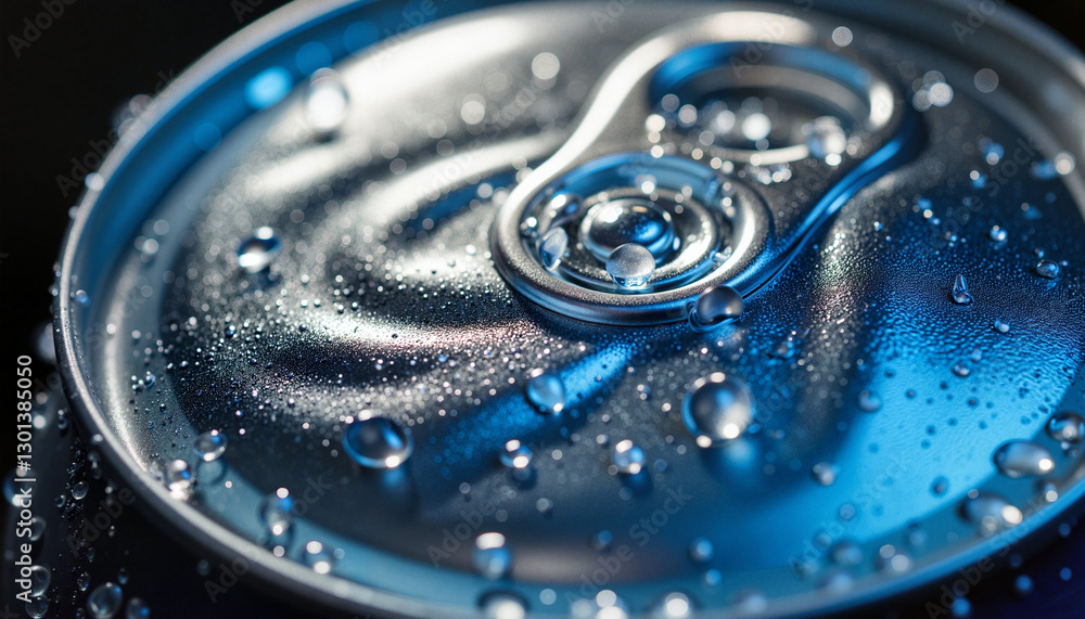 Close-up of water droplets on a cold metal can, refreshment concept Close-up of water droplets on a cold metal can, refreshment concept
