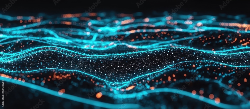 Fototapeta premium Abstract Digital Landscape: Turquoise and Orange Waves of Data