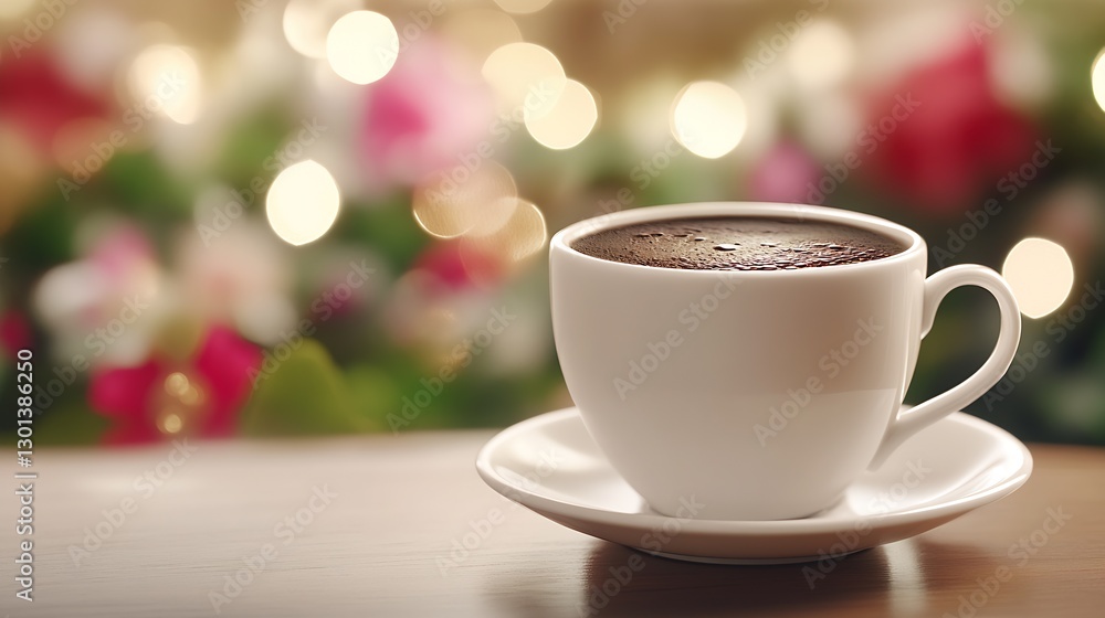 Obraz premium Rich dark coffee served in a stylish white cup on a wooden table against a festive blurred backdrop : Generative AI