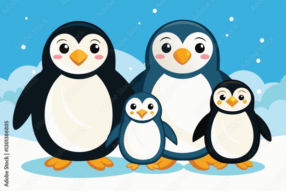 This delightful penguin family gathers playfully on a snowy landscape, showcasing their love for winter, Penguin family Customizable Cartoon Illustration This delightful penguin family gathers playfully on a snowy landscape, showcasing their love for winter, Penguin family Customizable Cartoon Illustration