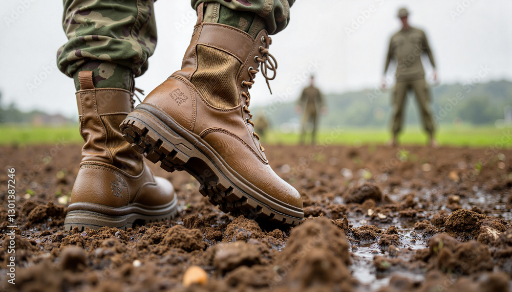 Mud-covered combat boots in military training ground, resilience Mud-covered combat boots in military training ground, resilience
