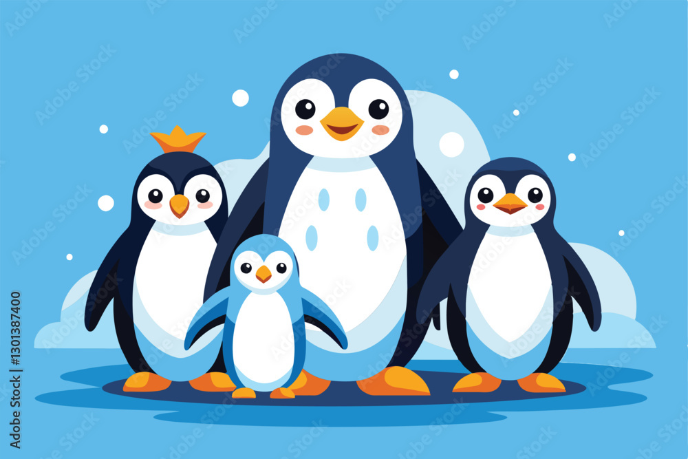 A joyful family of penguins stands together, showcasing their charming personalities and vibrant colors, Penguin family Customizable Semi Flat Illustration A joyful family of penguins stands together, showcasing their charming personalities and vibrant colors, Penguin family Customizable Semi Flat Illustration