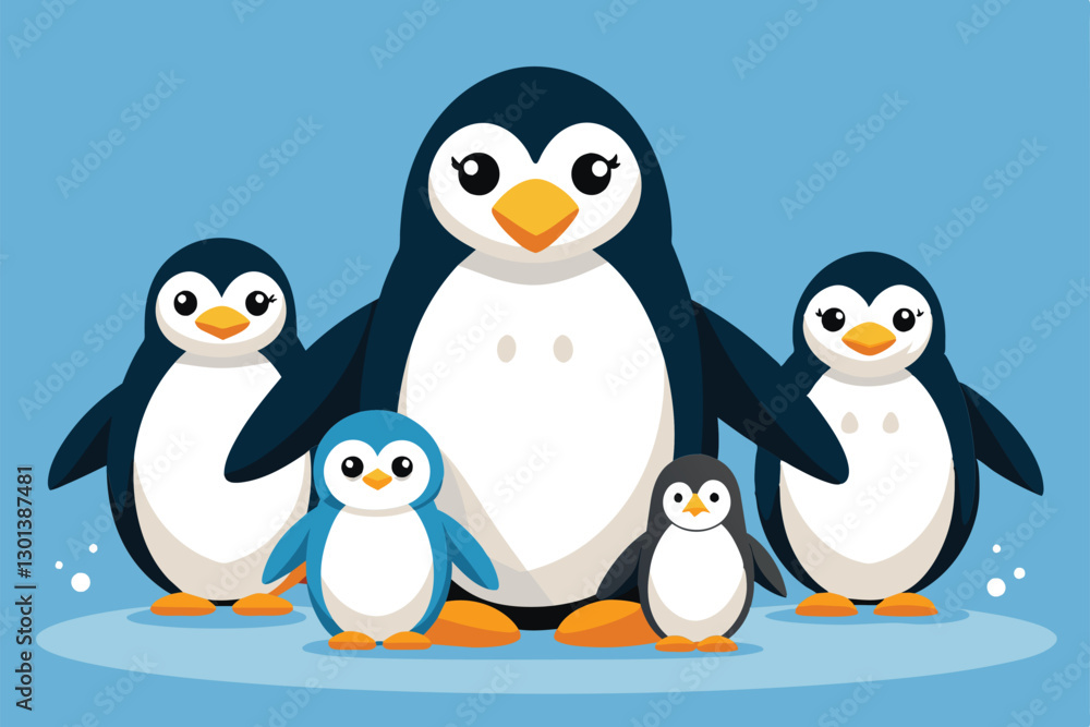 Obraz premium A delightful group of penguins comes together, showcasing family bonds and joy in a winter wonderland, Penguin family Customizable Semi Flat Illustration
