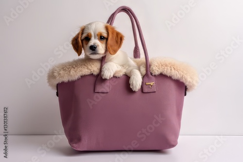 Adorable Puppy in a Stylish, Fur-Lined,  Purplish-Pink Tote Bag