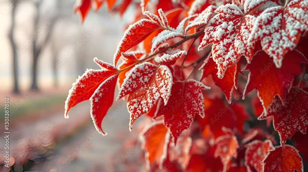 Frost-covered red autumn leaves on a chilly morning, symbolizing seasonal transition from fall to winter with a blurred urban background, showcasing the beauty of nature and the changing weather Frost-covered red autumn leaves on a chilly morning, symbolizing seasonal transition from fall to winter with a blurred urban background, showcasing the beauty of nature and the changing weather