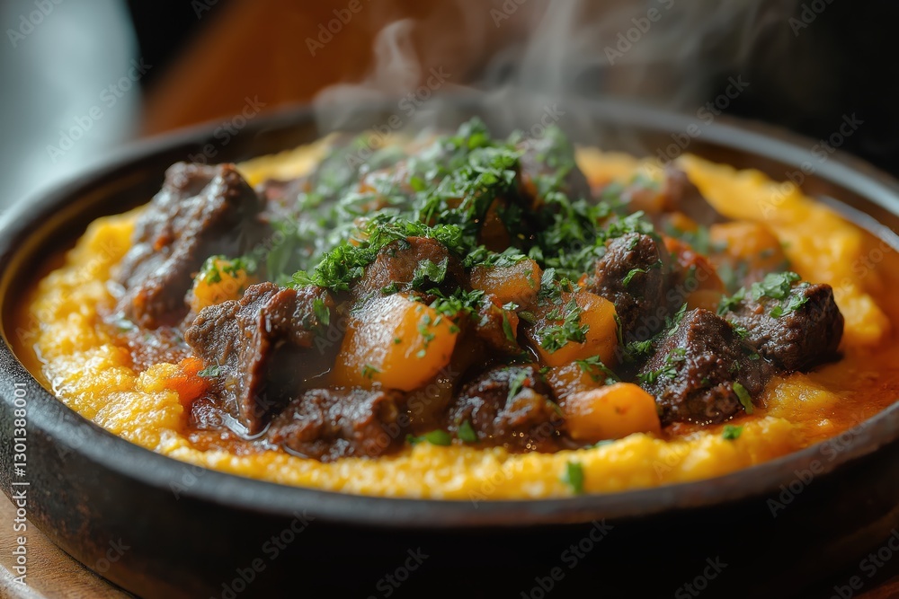 Hearty Peposo Tuscan stew served with creamy polenta in rustic comfort Hearty Peposo Tuscan stew served with creamy polenta in rustic comfort