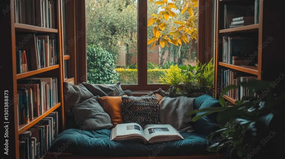 Comfortable reading nook with open book and lovely outdoor views Comfortable reading nook with open book and lovely outdoor views