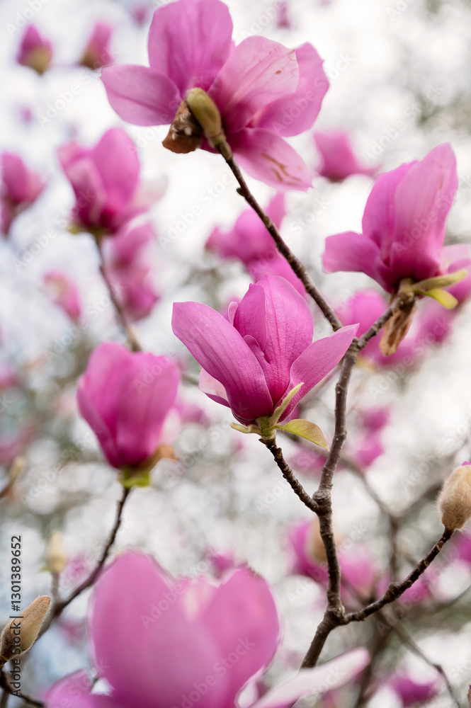 Pink magnolia blossoms blooming on branches with a soft background