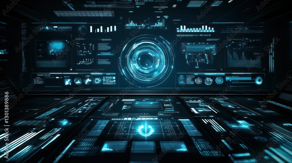 Futuristic digital interface panel with glowing blue control screens Futuristic digital interface panel with glowing blue control screens