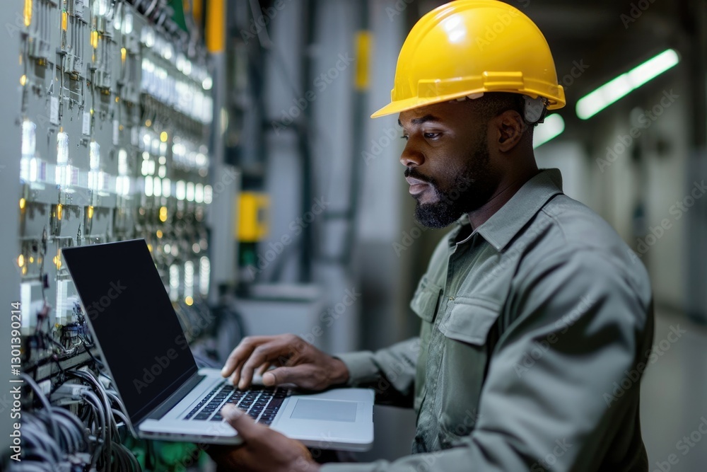 African Electrician Working on Laptop at Power Plant: Industrial Technician in Action African Electrician Working on Laptop at Power Plant: Industrial Technician in Action
