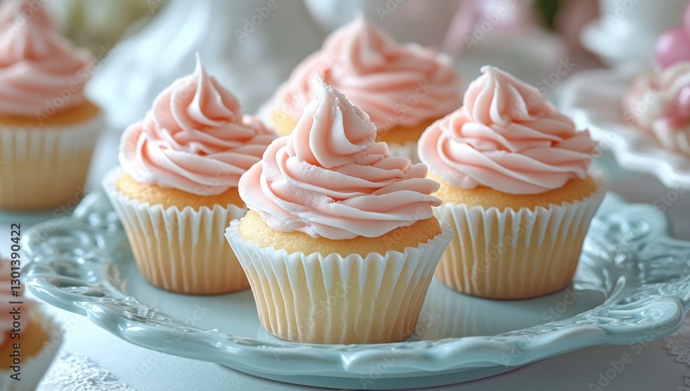Four pink frosted cupcakes on a blue and white decorative plate. Four pink frosted cupcakes on a blue and white decorative plate.