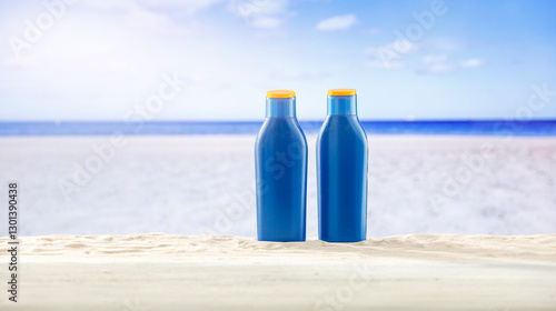 Sun cream containers on white wooden table with sand beach and blue sea and sky background in summer time.