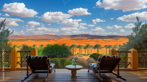 View from Desert Oasis Balcony. Dunes, Clouds, Palms and Serene Retreat Vacation