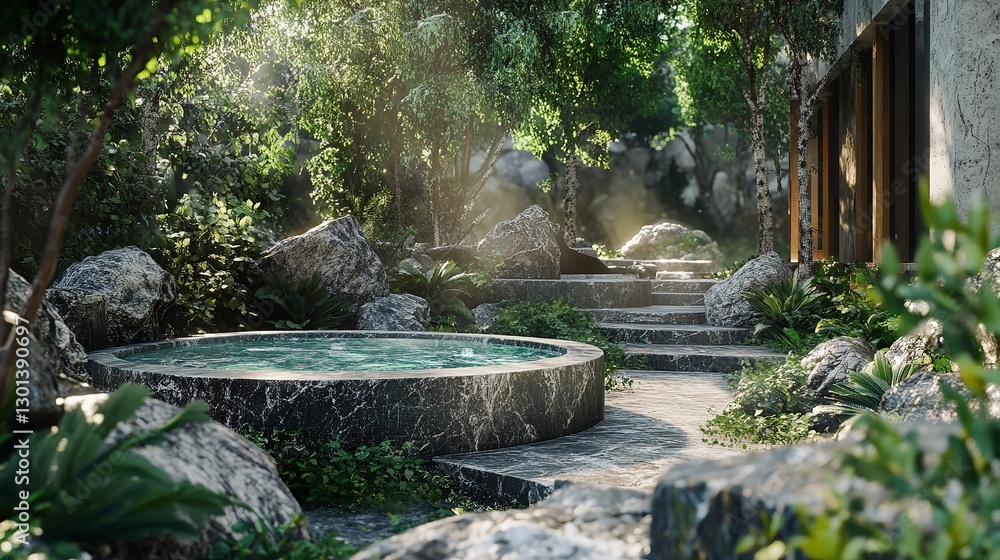 Chic furniture around a stone hot tub under a bamboo pergola on a lush spa terrace. Chic furniture around a stone hot tub under a bamboo pergola on a lush spa terrace.
