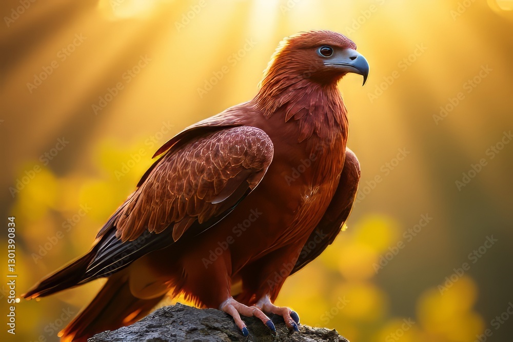 Fototapeta premium Stunning Red Kite Perched on Rock at Sunrise