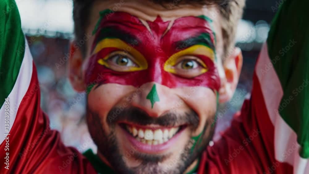Smiling Belarusian Man with Colorful Artistic Face Paint at a Stadium Celebration
Smiling Belarusian Man with Colorful Artistic Face Paint at a Stadium Celebration