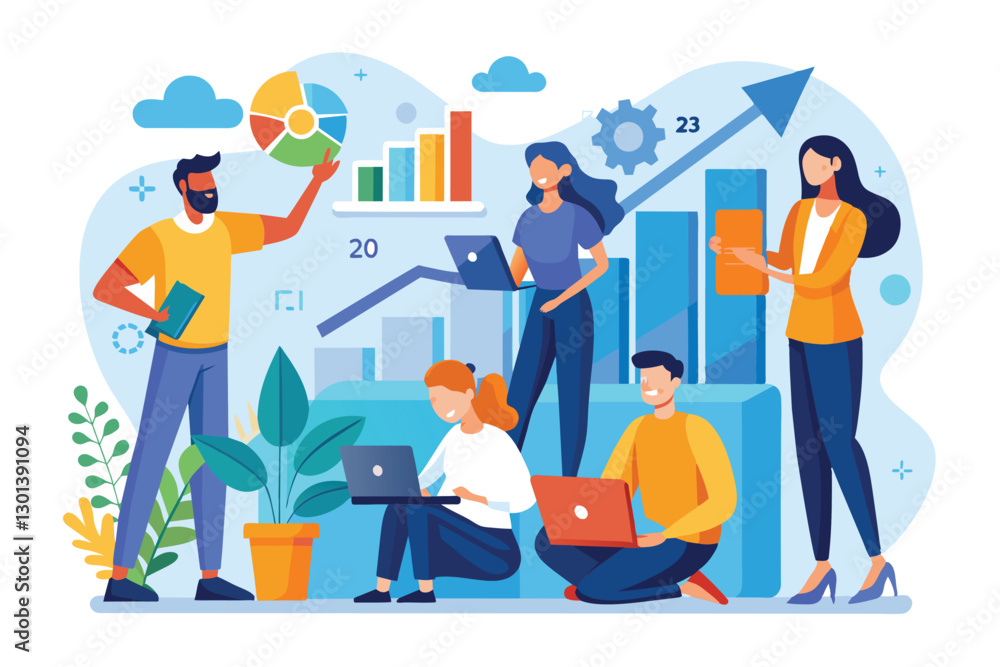 A group of professionals is analyzing growth data using charts and laptops in a modern office, People analyzing growth chart A group of professionals is analyzing growth data using charts and laptops in a modern office, People analyzing growth chart