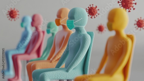 3D Cartoon of People Maintaining Social Distance in Colorful Community Setting, Promoting Virus Protection and Safe Practices