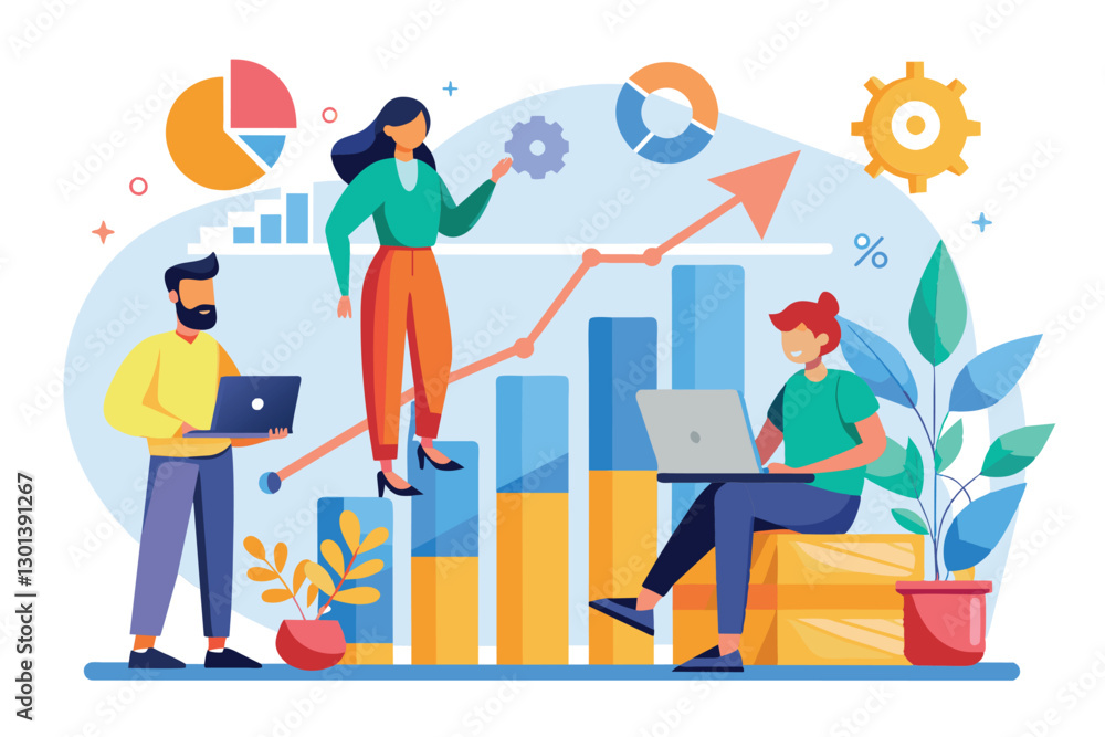 A group is collaboratively interpreting a growth chart while discussing project outcomes and trends, People analyzing growth chart A group is collaboratively interpreting a growth chart while discussing project outcomes and trends, People analyzing growth chart