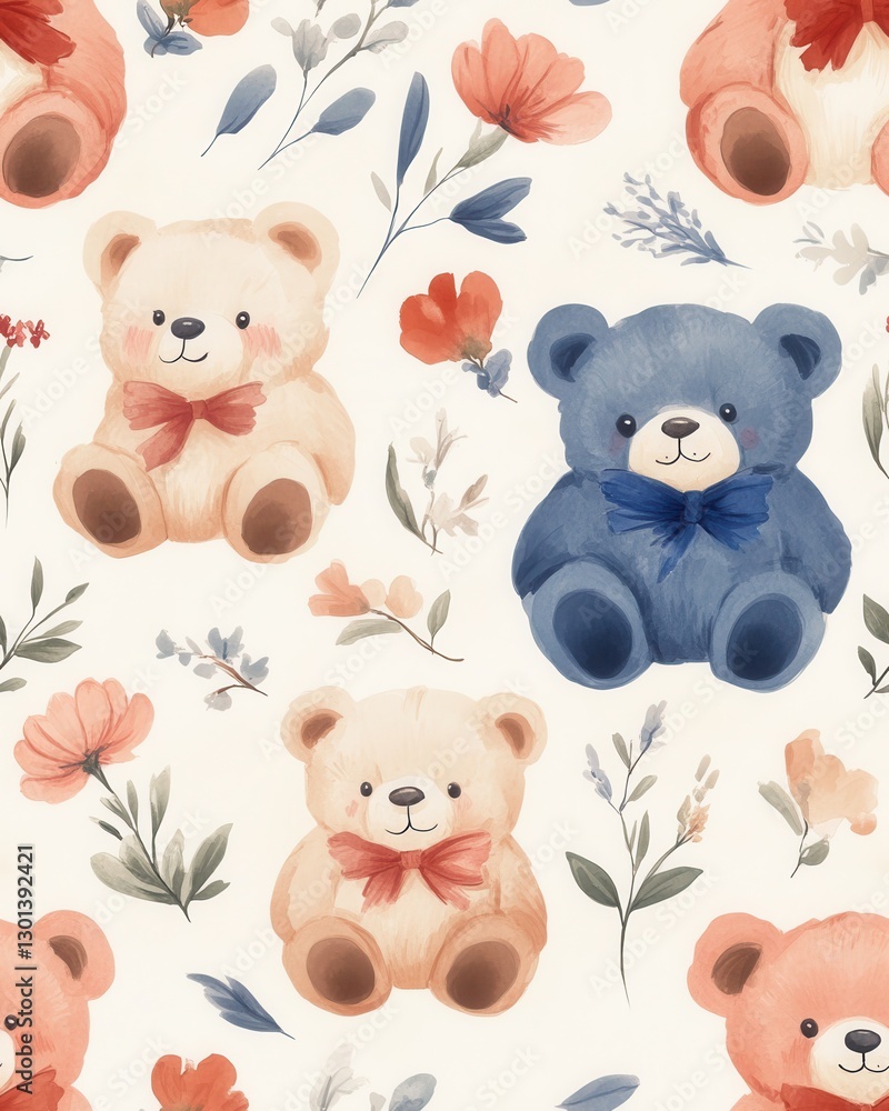 Fototapeta premium Adorable Watercolor Teddy Bears and Wildflowers Seamless Pattern