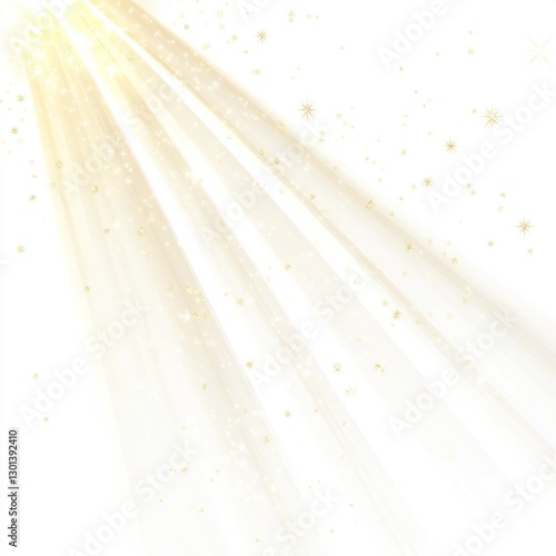 Golden light rays with sparkles on white.