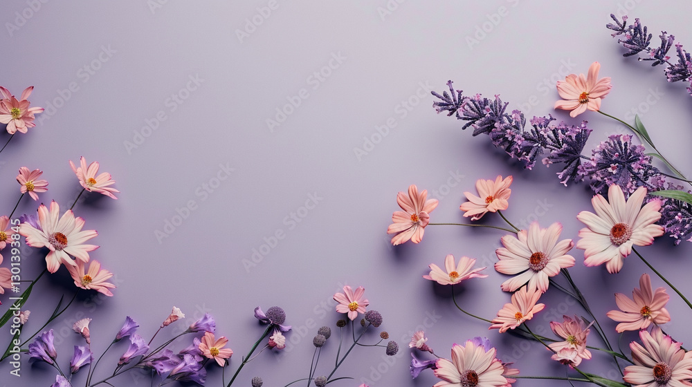 Pink Daisies Lavender Arrangement on Purple Backdrop Creates Serene Aesthetic, Adds Natural Touch. Pink Daisies Lavender Arrangement on Purple Backdrop Creates Serene Aesthetic, Adds Natural Touch.