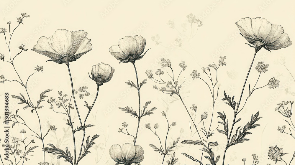 Line Drawing Presents Simple Flowers In A Monochromatic Style Line Drawing Presents Simple Flowers In A Monochromatic Style